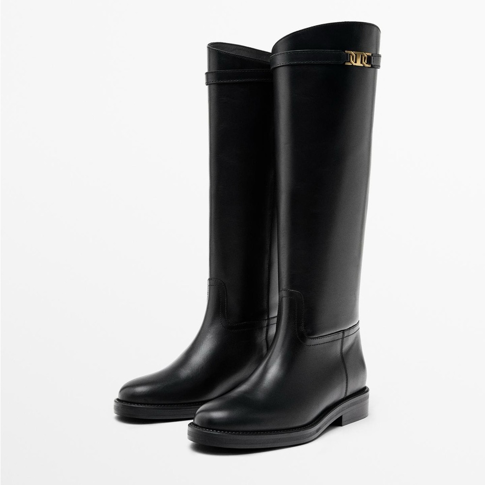 Massimo Dutti Black Leather Riding Boots with Removable Gold Detail Size 42 - Picture 2 of 5